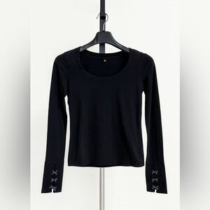 Free People Intimately Black Solid Bows Coquette Girl Long Sleeve Top Sz S
